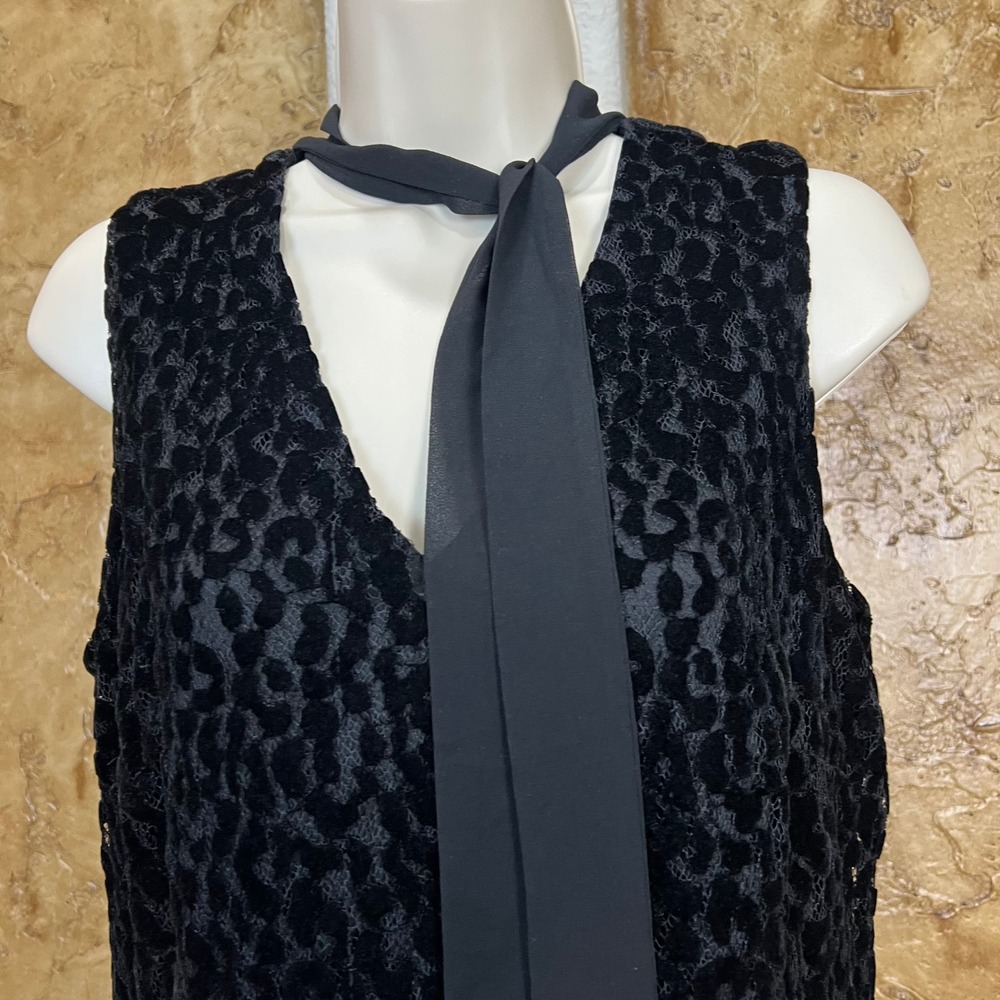 Karl Lagerfeld Paris Velvet Burnout Shift Dress Sz 12 Black Tie Neck Sleeveless - Picture 3 of 11